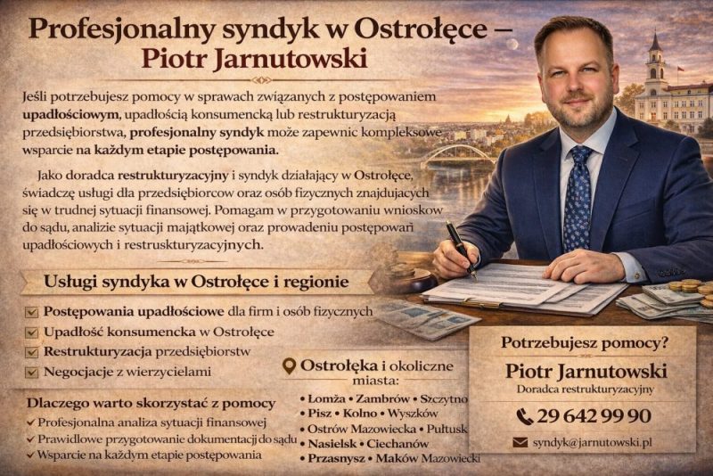 Profesjonalny syndyk w Ostrołęce Piotr Jarnutowski – pomoc w upadłości konsumenckiej, restrukturyzacji firm i postępowaniach upadłościowych